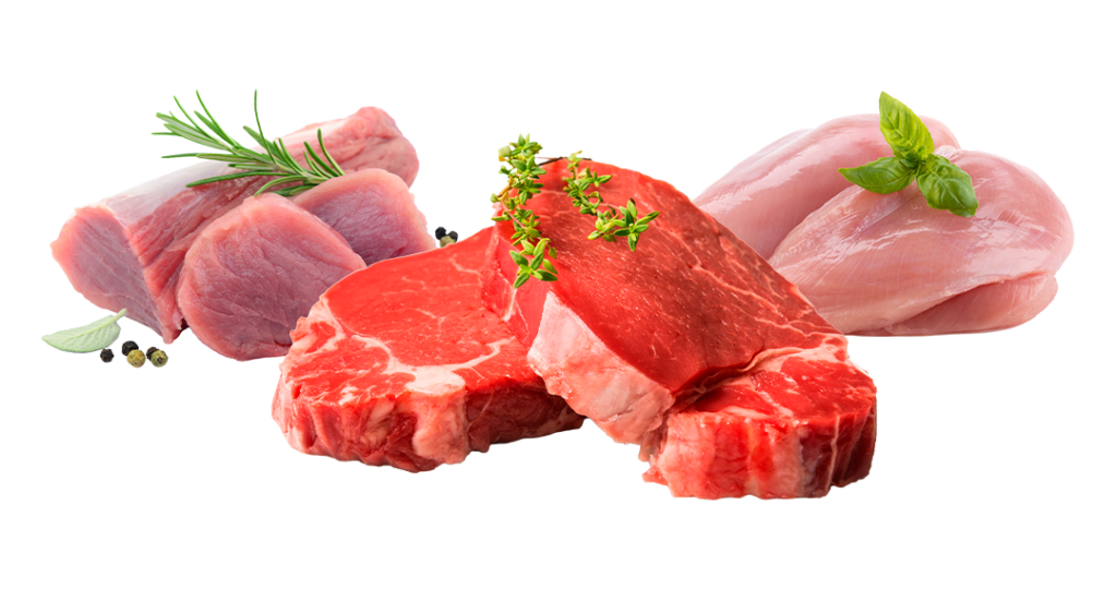 Auf dem Bild werden verschiedene Fleischsorten von Gramann und Ahrberg wie Rind, Hähnchen und Schweinefleisch präsentiert.